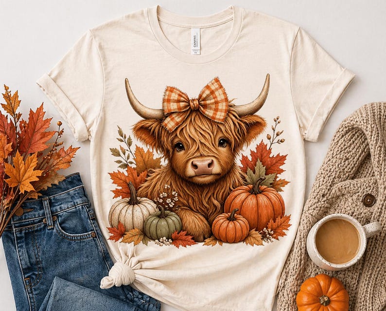 May include: Cream-colored t-shirt featuring a Highland cow with a plaid bow, surrounded by pumpkins and autumn leaves. The design has a fall theme, with warm colors and a cozy aesthetic. The shirt is paired with jeans and fall decor.