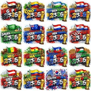May include: A collection of colorful soccer-themed designs featuring flags, the year 2026, soccer balls, and the World Cup trophy. Each design represents a different country, including Egypt, Colombia, and Uzbekistan.