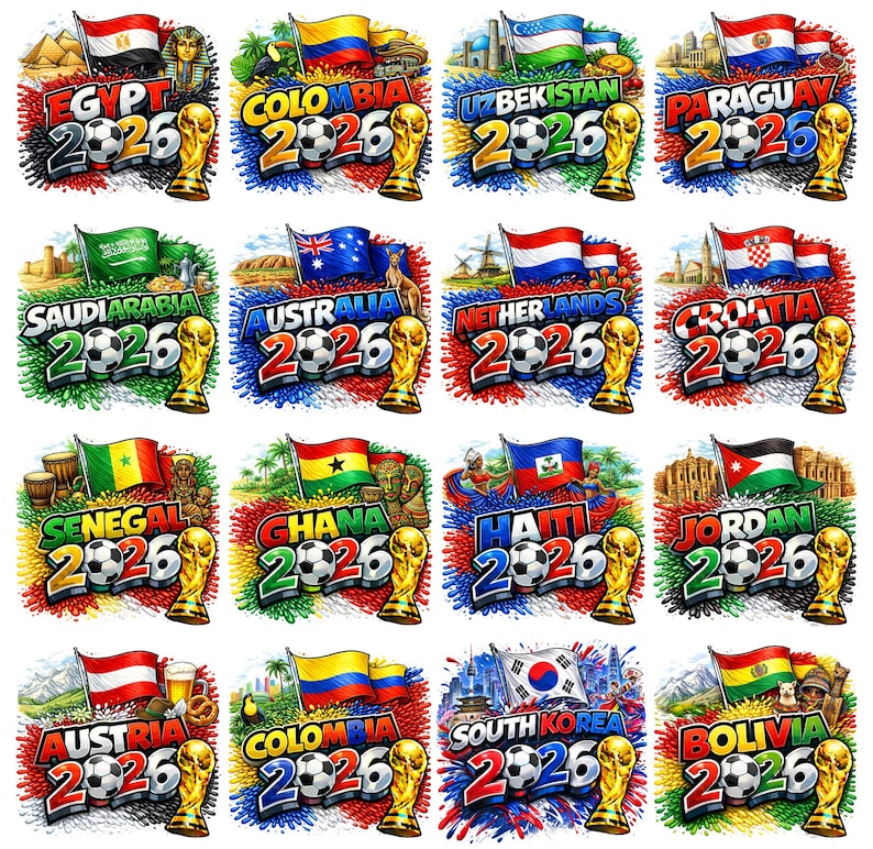 May include: A collection of colorful soccer-themed designs featuring flags, the year 2026, soccer balls, and the World Cup trophy. Each design represents a different country, including Egypt, Colombia, and Uzbekistan.