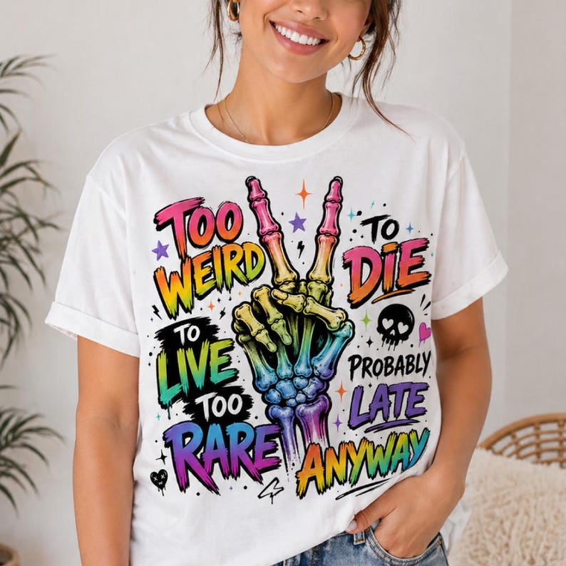 May include: White t-shirt with a colorful graphic featuring a skeleton hand making a peace sign. The text reads "Too Weird To Live Too Rare To Die Probably Late Anyway" in various colors and fonts.
