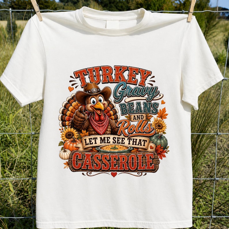 May include: A cream-colored t-shirt featuring a graphic of a turkey wearing a cowboy hat and a red bandana. The text reads: TURKEY Gravy BEANS AND Rolls LET ME SEE THAT CASSEROLE. The design includes sunflowers, pumpkins, and autumn leaves.