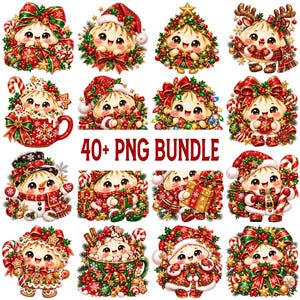 Könnte beinhalten: Eine digitale Sammlung von über 40 festlichen Illustrationen mit lächelnden Teigtaschen-Figuren in verschiedenen weihnachtlichen Umgebungen, darunter Weihnachtsmützen, Kränze, Geschenke, Zuckerstangen und Tassen, mit dem Text 40+ PNG BUNDLE.