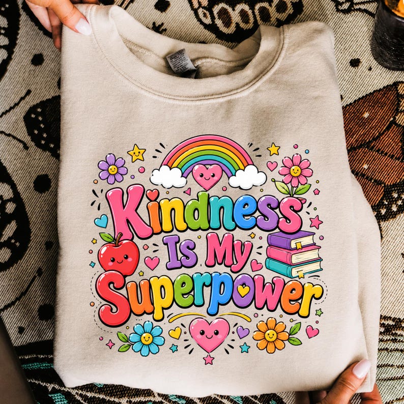 May include: A beige crewneck sweatshirt featuring a colorful graphic print with the text "Kindness Is My Superpower". The design includes a rainbow, a smiling red apple, a stack of three books, flowers, and small hearts in various bright colors.
