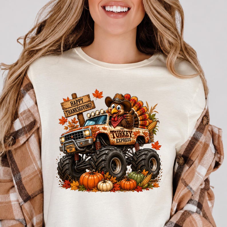May include: A cream-colored t-shirt featuring a graphic of a monster truck labeled Turkey Express driven by a turkey wearing a cowboy hat. A wooden sign reads Happy Thanksgiving. The design includes orange pumpkins and autumn maple leaves.