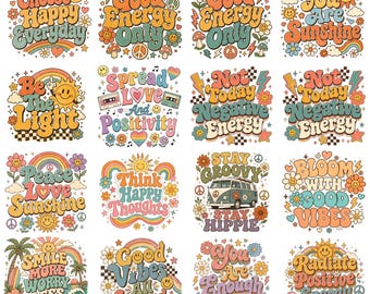 Retro Groovy PNG Bundle, Hippie Sublimation Designs, Vintage Boho Shirt Png, Motivation Quotes PNG, Positive Quotes PNG, 70s T-Shirt Design