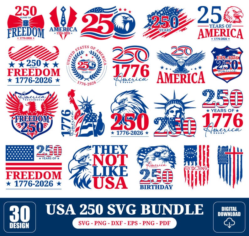 USA 250 svg Bundle, 1776-2026 America svg, 250th Anniversary Shirt svg, Patriotic Eagle Flag svg, 4th of July Cricut Shirt Design image 1