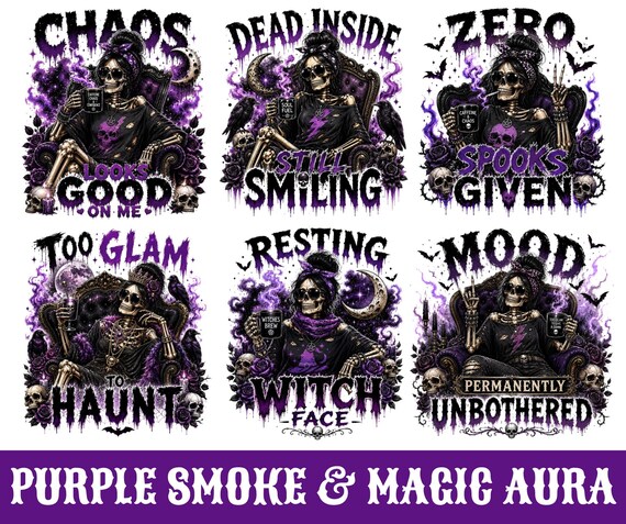 Gothic Skeleton Witch PNG Bundle, Spooky Halloween Sublimation, Purple Goth Skull Girl PNG, Dark Aesthetic Shirt Design, Digital Download