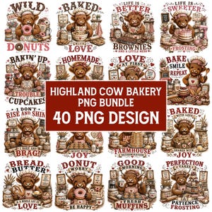 Könnte beinhalten: Eine digitale Sammlung von 40 Highland-Rind-Bäckerei-PNG-Designs mit Illustrationen von Rindern in Kochmützen und Schürzen, umgeben von Backutensilien wie Mehl, Donuts, Brownies und Kuchen mit verschiedenen Text-Slogans.