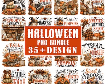 Halloween PNG Bundle 35+ Designs, Cute Ghost Pumpkin PNG, Spooky Season Sublimation, Fall Autumn Harvest Shirt Design, Digital Download