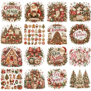 May include: A collection of sixteen square Christmas-themed digital illustrations featuring Santa Claus, gingerbread houses, decorated trees, stockings, wreaths, wrapped gifts, and festive text like Christmas Magic, Merry Christmas, and Tis the Season.