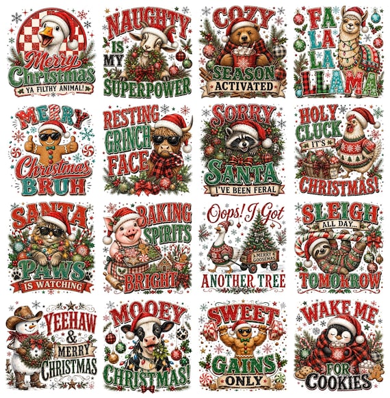 Snarky Christmas PNG Bundle 18 Designs, Funny Sarcastic Xmas Animals, Retro Holiday Humor PNG, Goose Raccoon Gingerbread Sublimation File