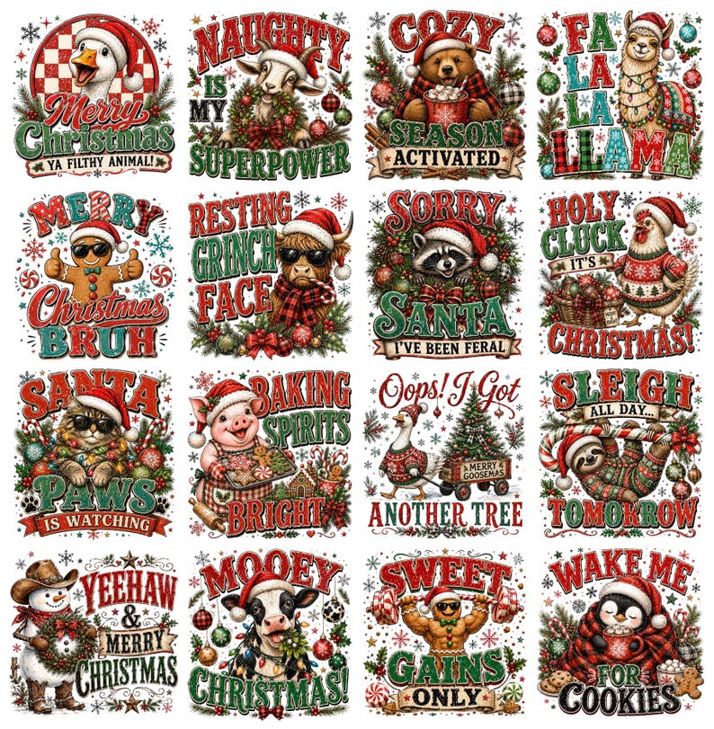 Snarky Christmas PNG Bundle 18 Designs, Funny Sarcastic Xmas Animals, Retro Holiday Humor PNG, Goose Raccoon Gingerbread Sublimation File image 1