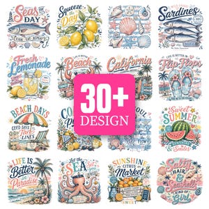 Op de afbeelding: Een verzameling van 16 kleurrijke ontwerpen in vintage stijl met strand- en zomerthema's. Ontwerpen omvatten illustraties van vissen, citroenen, schelpen, slippers en watermeloenen. Tekst bevat zinnen als "Sweet Summer" en "Life is Better in Paradise."