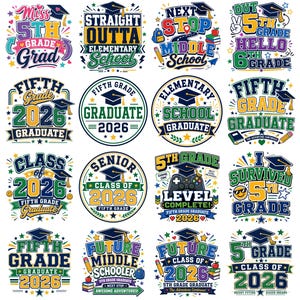 Peut inclure: Plusieurs graphismes colorés sur le thème de l'obtention du diplôme. Les motifs présentent des coiffes de diplômé, du texte tel que "5th Grade Graduate" et l'année "2026". La palette de couleurs comprend le vert, le bleu, le jaune et le blanc.