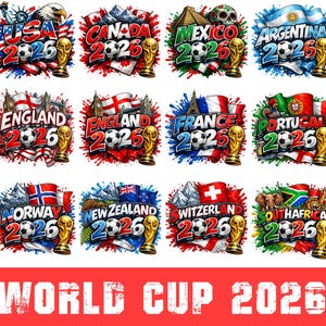 May include: A collection of colorful graphic designs for the World Cup 2026, featuring flags, soccer balls, and trophies. Each design represents a different country, including the USA, Canada, Mexico, and Argentina. The words "WORLD CUP 2026" are at the bottom.