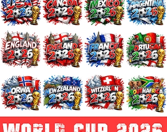 May include: A collection of colorful graphic designs for the World Cup 2026, featuring flags, soccer balls, and trophies. Each design represents a different country, including the USA, Canada, Mexico, and Argentina. The words "WORLD CUP 2026" are at the bottom.