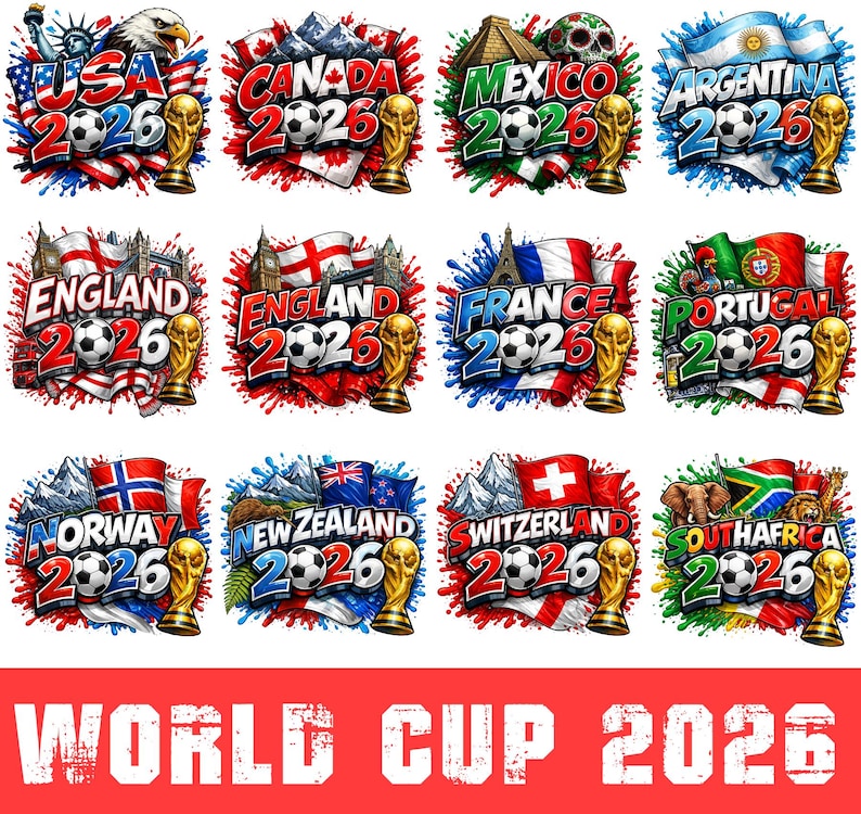 May include: A collection of colorful graphic designs for the World Cup 2026, featuring flags, soccer balls, and trophies. Each design represents a different country, including the USA, Canada, Mexico, and Argentina. The words "WORLD CUP 2026" are at the bottom.