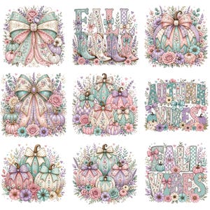 May include: A collection of nine digital illustrations featuring pastel-colored pumpkins, floral arrangements, bows, and cowboy boots. The designs include text reading FALL, AUTUMN VIBES, and FALL VIBES, all decorated with intricate patterns and soft floral motifs.