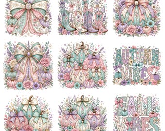 Fall Autumn Vibes PNG Bundle, Pastel Pumpkin Clipart Set, Coquette Bow Pumpkin Design, Floral Autumn Sublimation PNG, Watercolour Fall PNG