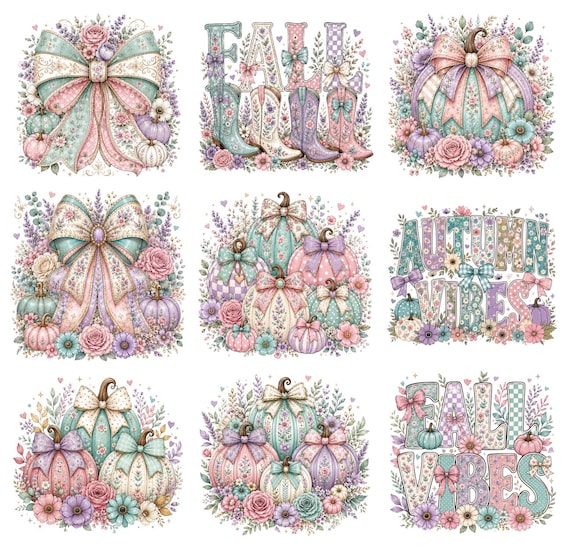 Fall Autumn Vibes PNG Bundle, Pastel Pumpkin Clipart Set, Coquette Bow Pumpkin Design, Floral Autumn Sublimation PNG, Watercolour Fall PNG