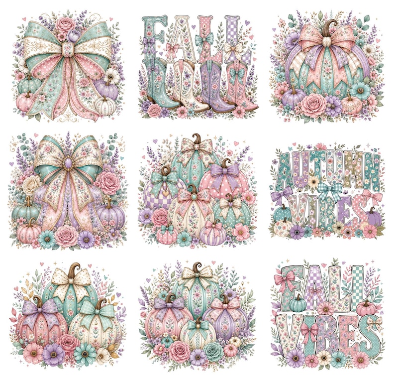 May include: A collection of nine digital illustrations featuring pastel-colored pumpkins, floral arrangements, bows, and cowboy boots. The designs include text reading FALL, AUTUMN VIBES, and FALL VIBES, all decorated with intricate patterns and soft floral motifs.