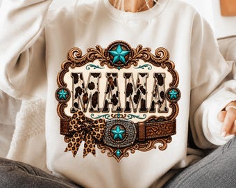Western Mama PNG, Cow Print Mama Shirt Design, Turquoise Western Star, Leopard Bow Cowgirl Sublimation, Rodeo Digital Download