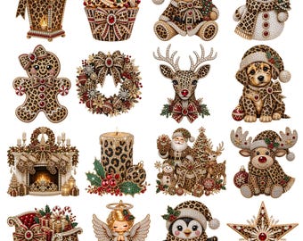 Op de afbeelding: Een verzameling van zestien kerst-thema illustraties met een lantaarn, cupcake, teddybeer, sneeuwpop, peperkoekmannetje, krans, rendier, puppy, open haard, kaars, kerstman, eland, slee, engel, pinguïn en ster, allemaal met luipaardprint patronen.