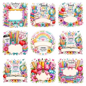 Puede incluir: Una colección de ilustraciones coloridas con temática de profesores. Cada diseño presenta lápices, libros, manzanas, globos terráqueos y arreglos florales. El texto incluye frases como "Teach Love Inspire" y "Teacher".