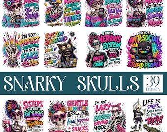 Funny Antisocial Skull PNG Bundle, 39 Sarcastic Skeleton Sublimation Designs, Adult Humor Homebody Goth PNG, Retro Funny Quotes