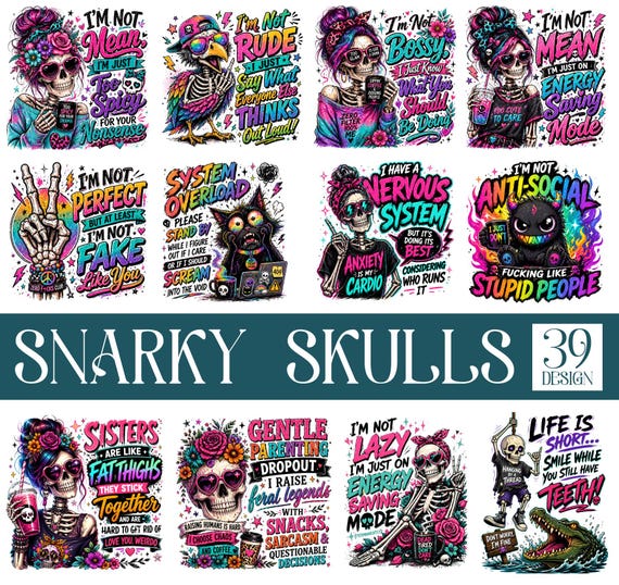 Funny Antisocial Skull PNG Bundle, 39 Sarcastic Skeleton Sublimation Designs, Adult Humor Homebody Goth PNG, Retro Funny Quotes