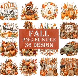 Op de afbeelding: Een verzameling herfst-thema PNG-ontwerpen met pompoenen, bladeren en herfst elementen. De ontwerpen bevatten tekst zoals "Fall is my favorite season", "Thankful" en "Happy Fall". De bundel bevat 36 ontwerpen.