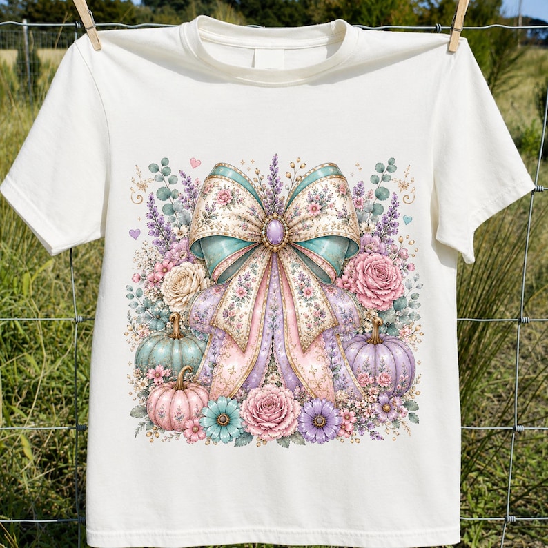 May include: A white short-sleeve t-shirt featuring a central graphic of a large, ornate bow in pastel shades of pink, blue, and purple, surrounded by detailed illustrations of roses, lavender sprigs, eucalyptus leaves, and small pumpkins.