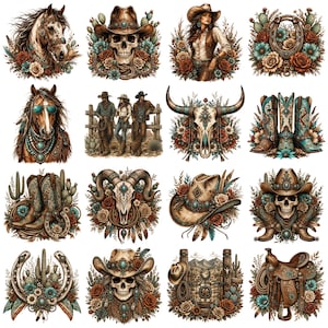 Op de afbeelding: Een verzameling van zestien illustraties met een western-thema, waaronder paarden, schedels met cowboyhoeden, bloemstukken, cactussen, hoefijzers, cowboylaarzen, een stierenschedel, een zadel en woestijnlandschappen met rustieke hekken en bergen.