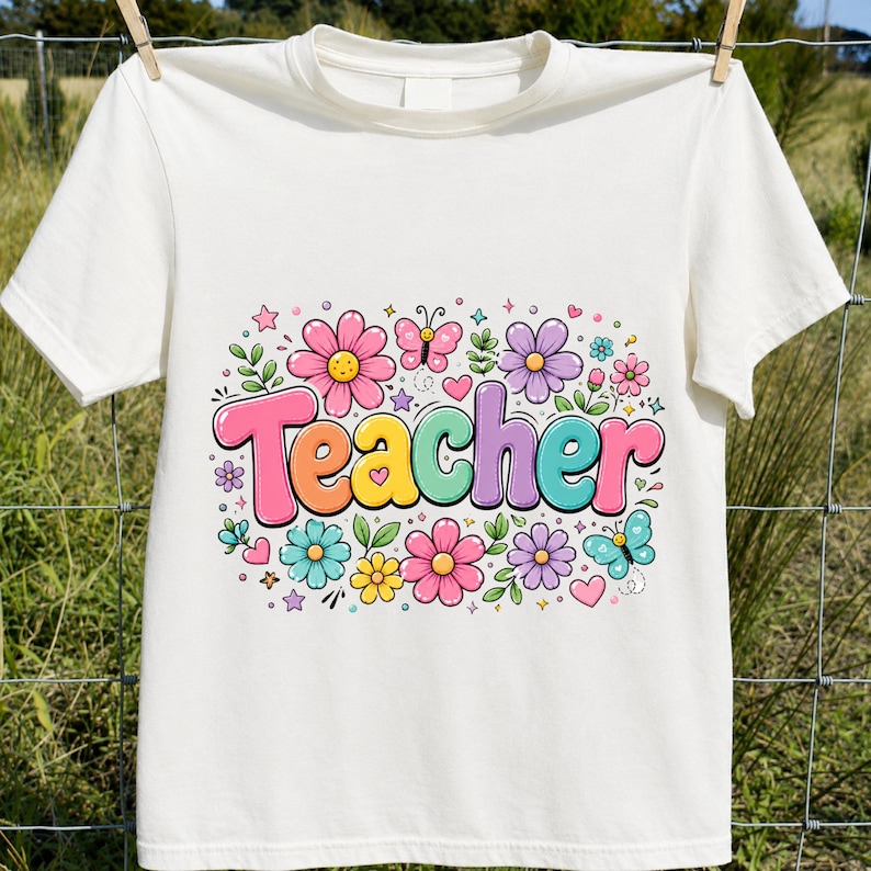 May include: A white short-sleeved t-shirt featuring a colorful graphic on the chest. The word Teacher is printed in large, multi-colored bubble letters, surrounded by various illustrations of flowers, small hearts, stars, and two butterflies.