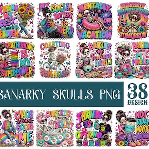 May include: A collection of 38 colourful digital graphic designs featuring skeletons in various activities with text including Trying My Best, My Social Battery Is Dead, Mentally On Vacation, Highly Motivated Tomorrow, Overthinking Is My Superpower, and more.