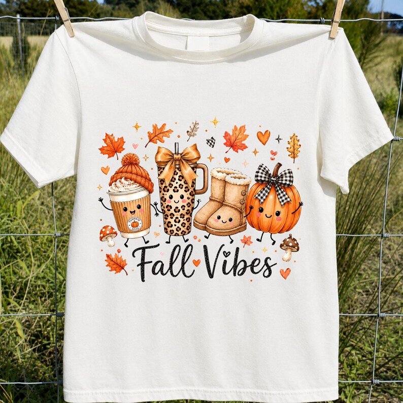 May include: A cream-coloured t-shirt featuring a graphic print of a coffee cup with a beanie, a leopard print tumbler with a bow, tan boots, and an orange pumpkin with a plaid bow, all with faces, surrounded by autumn leaves and the text Fall Vibes.