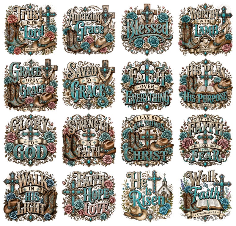 20+ Western Christian PNG Bundle, Christian Cowgirl Sublimation, Bible Verse PNG, Faith Cross Cowboy Boots, Religious Shirt Design Download image 1