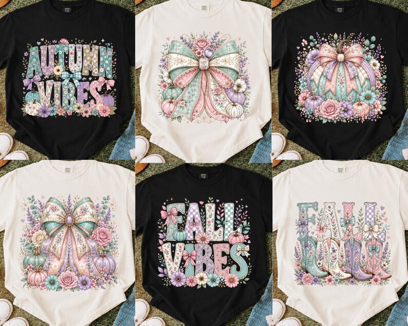 May include: A collection of six t-shirts in black and cream, featuring graphic prints of pumpkins, bows, flowers, and cowboy boots. The designs include text reading AUTUMN VIBES and FALL VIBES, rendered in pastel colors with floral and checkered patterns.