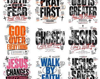 Pack d'images PNG chrétiennes, Designs urbains sur le thème de la foi, Vêtements streetwear chrétiens modernes, Versets bibliques (PNG), La foi plutôt que la peur, Jésus (PNG), Sublimation chrétienne