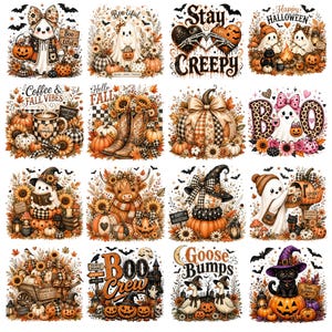 May include: A collection of sixteen square digital illustrations featuring Halloween and autumn themes, including ghosts, pumpkins, sunflowers, black cats, geese, and cowboy boots, with various text elements like Boo, Fall, and Happy Halloween.