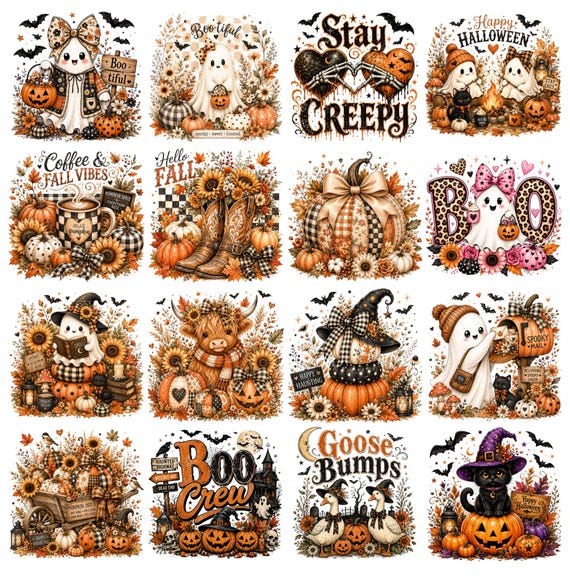 Halloween Ghost PNG Bundle, Cute Fall Pumpkin Sublimation, Coquette Ghost Shirt Design Autumn Watercolor PNG, Spooky Season Digital Download