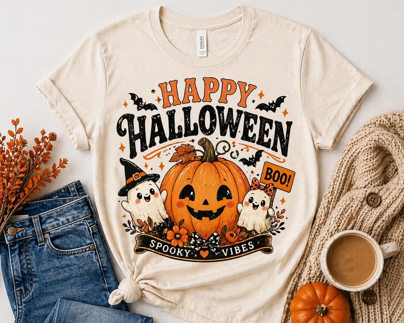 May include: Cream-colored t-shirt with a Halloween-themed graphic. The design features a smiling jack-o'-lantern, two ghosts, bats, and the words "Happy Halloween" and "Spooky Vibes." A pair of blue jeans and a cup of coffee are next to the shirt.