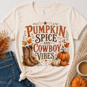 May include: Cream-colored t-shirt with the text "PUMPKIN SPICE and COWBOY VIBES" in brown and green. The design includes pumpkins, cowboy boots, and fall foliage. The shirt is paired with blue jeans and a beige sweater.