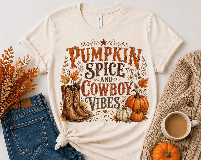 May include: Cream-colored t-shirt with the text "PUMPKIN SPICE and COWBOY VIBES" in brown and green. The design includes pumpkins, cowboy boots, and fall foliage. The shirt is paired with blue jeans and a beige sweater.