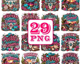 Op de afbeelding: Een verzameling van 29 PNG-bestanden met Western-thema ontwerpen. Elk ontwerp bevat elementen zoals cowboylaarzen, hoeden, rozen en schedels, met tekst zoals "Rodeo Darling" en "Cowgirl Club". Het kleurenpalet omvat turquoise, roze en bruin.