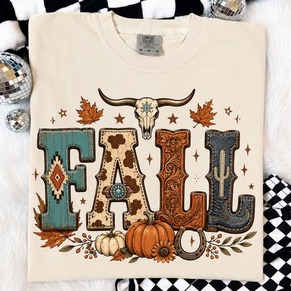 Western Fall PNG, Cowgirl Autumn Shirt Design, Cowboy Checkered Fall PNG, Rustic Country Pumpkin PNG, Longhorn Skull Sublimation, Western