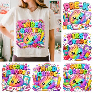 Back to School PNG Bundle, Glitter Dumpling School Bundle Pre-K Kindergarten First Second Third Fourth Grade Shirt Design Kawaii Sublimation