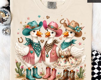 Western Cowgirl Goose PNG Cute Floral Goose Trio Sublimation Leopard Cowboy Hat & Boots Country Farm Animal Shirt Design Digital Download