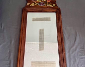 VTG MCM handgeschilderde houten wandspiegel volkskunst bloemen fronton 36,5"