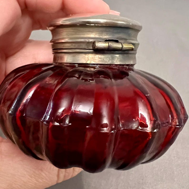 VTG Ruby Red Inkwell W/ Hinged Lid Glass Melon 3.5x2.25” - Etsy